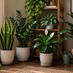 Low-light indoor plants growing in a dimly lit room