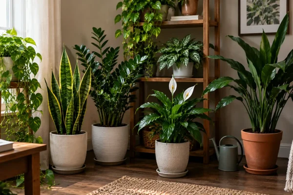 Low-light indoor plants growing in a dimly lit room
