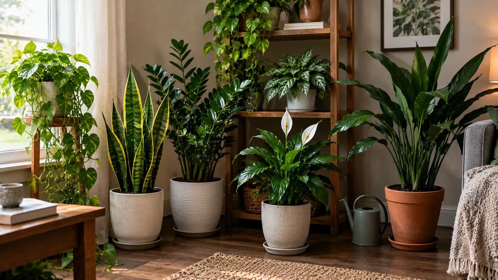Low-light indoor plants growing in a dimly lit room