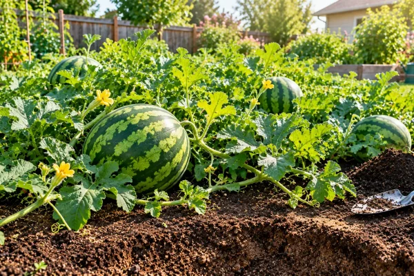 Watermelon vines growing in loose sandy loam soil