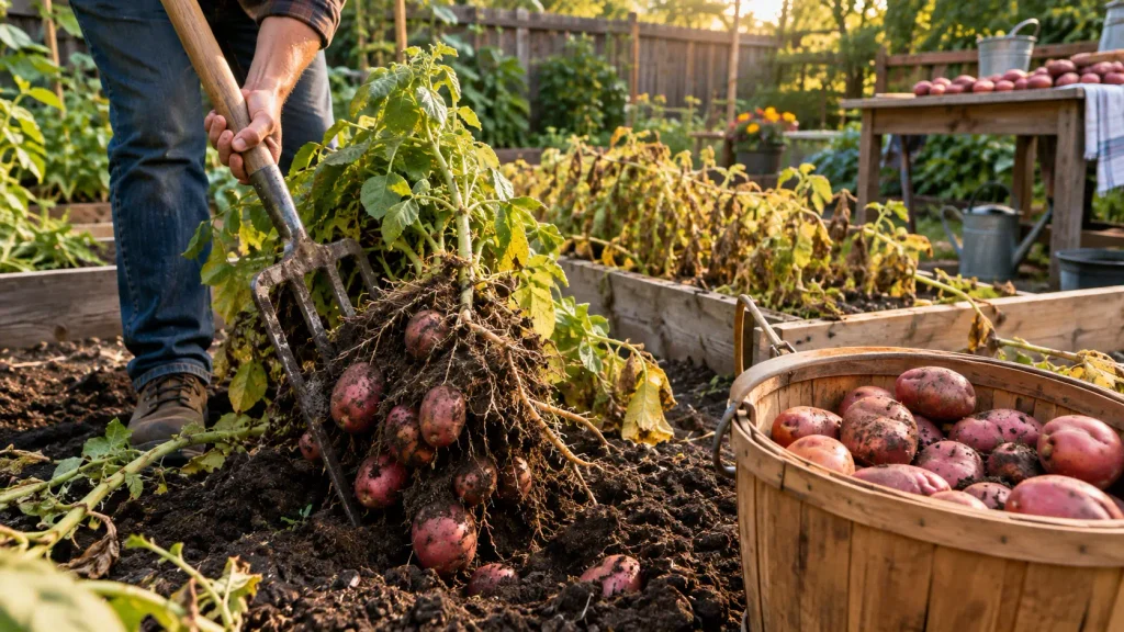 Freshly harvested red potatoes beside mature potato vines