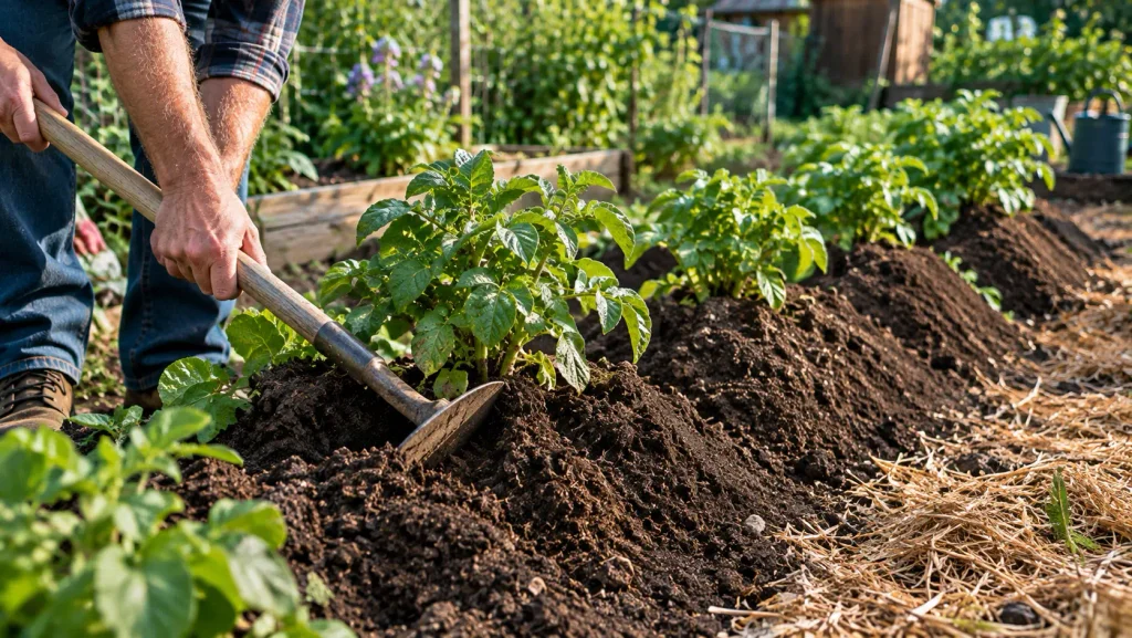Gardener hilling soil around growing red potato plants