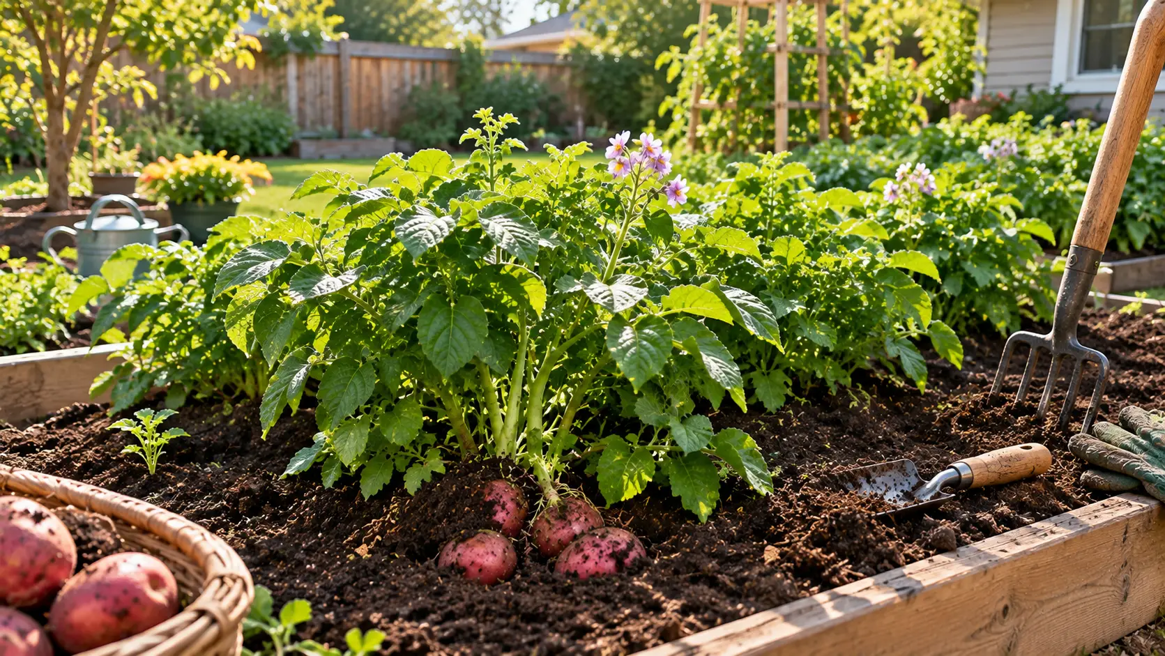 Healthy red potato plants growing in a backyard garden