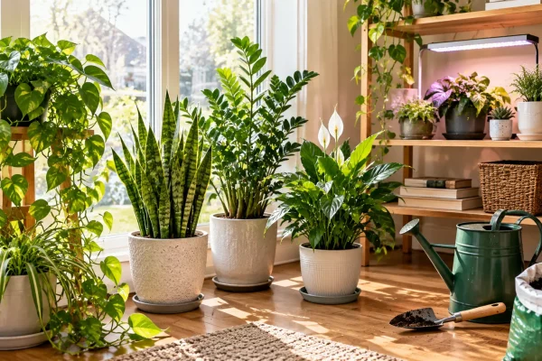 Beginner-friendly houseplants growing indoors near a bright window