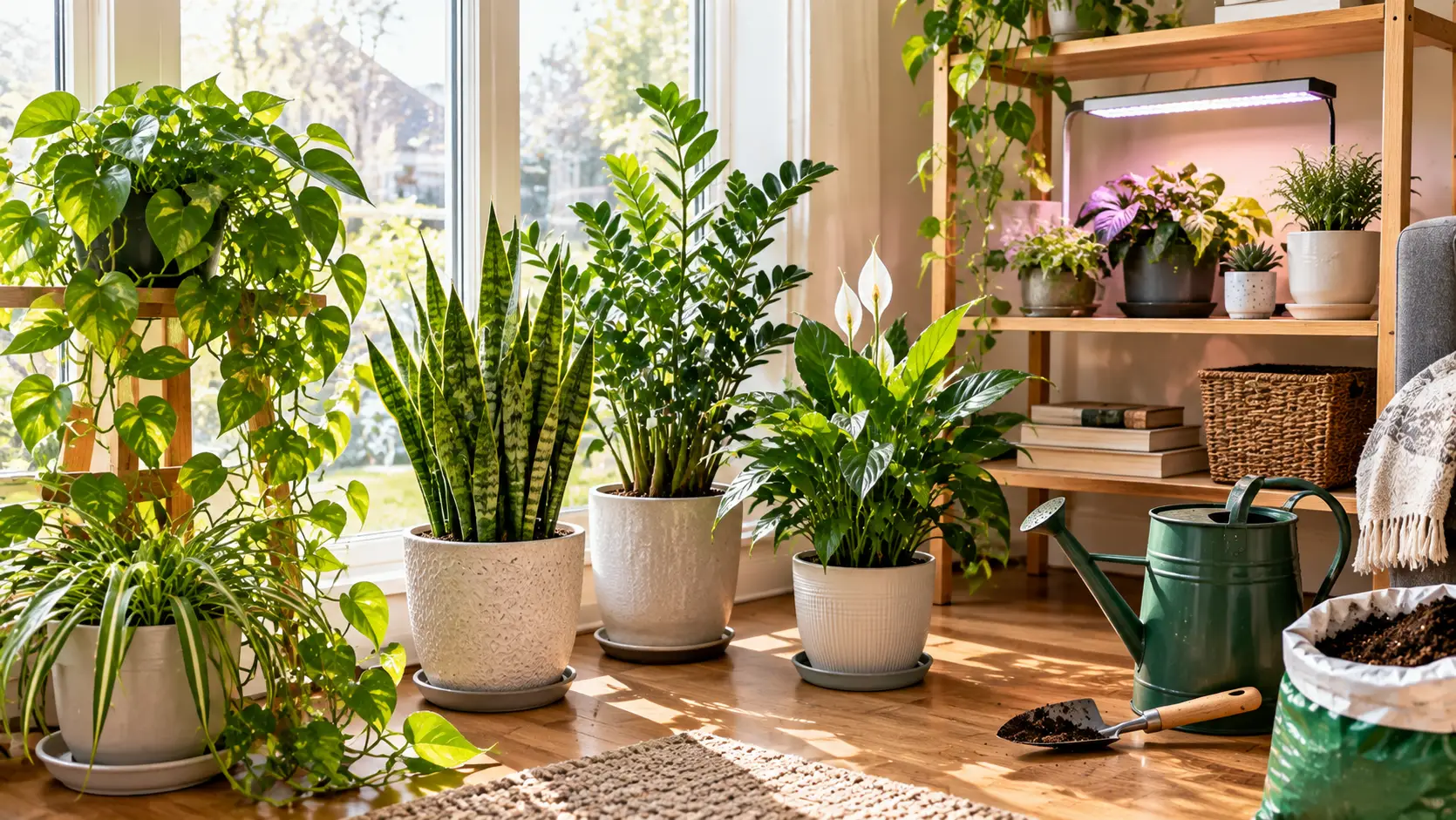 Beginner-friendly houseplants growing indoors near a bright window