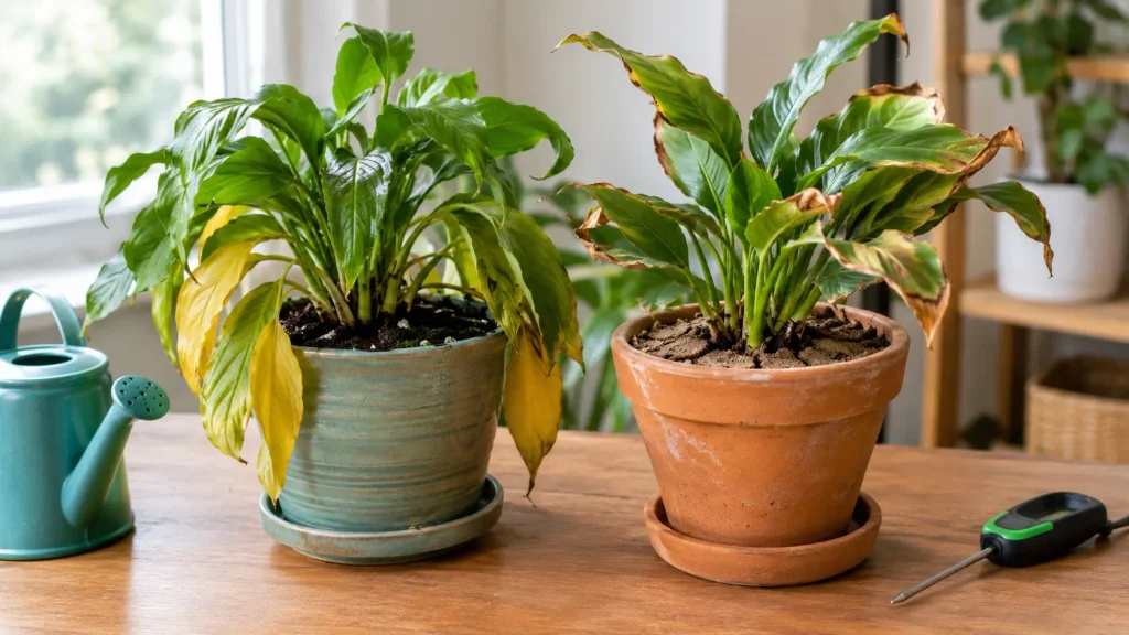 Houseplants showing signs of overwatering and underwatering