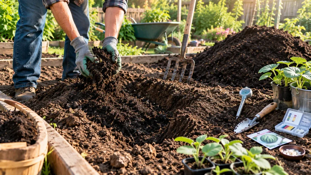 Gardener mixing compost into soil before planting watermelons