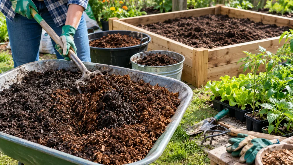 Gardener mixing topsoil and compost for a raised vegetable bed