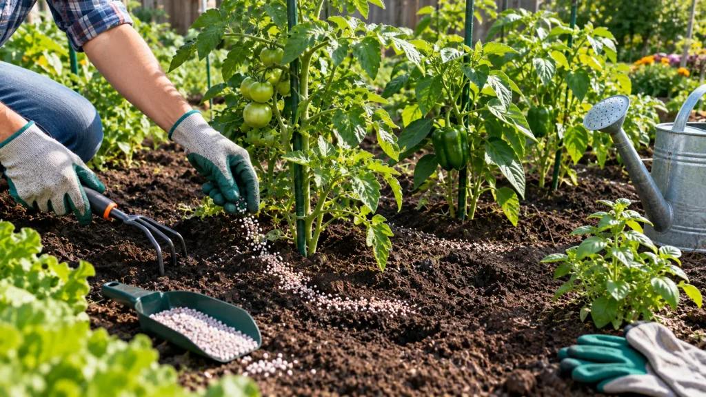 Gardener side-dressing fertilizer beside growing vegetable plants