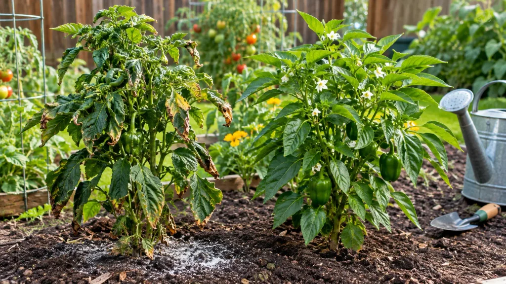 Vegetable plants showing fertilizer burn and healthy growth