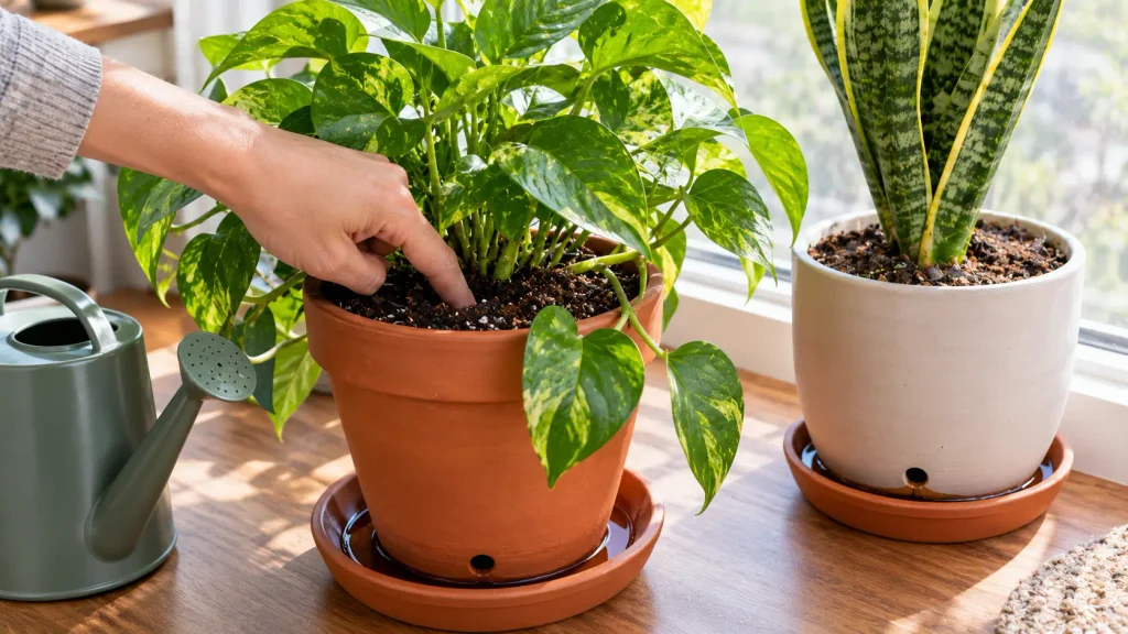 Gardener checking houseplant soil moisture before watering