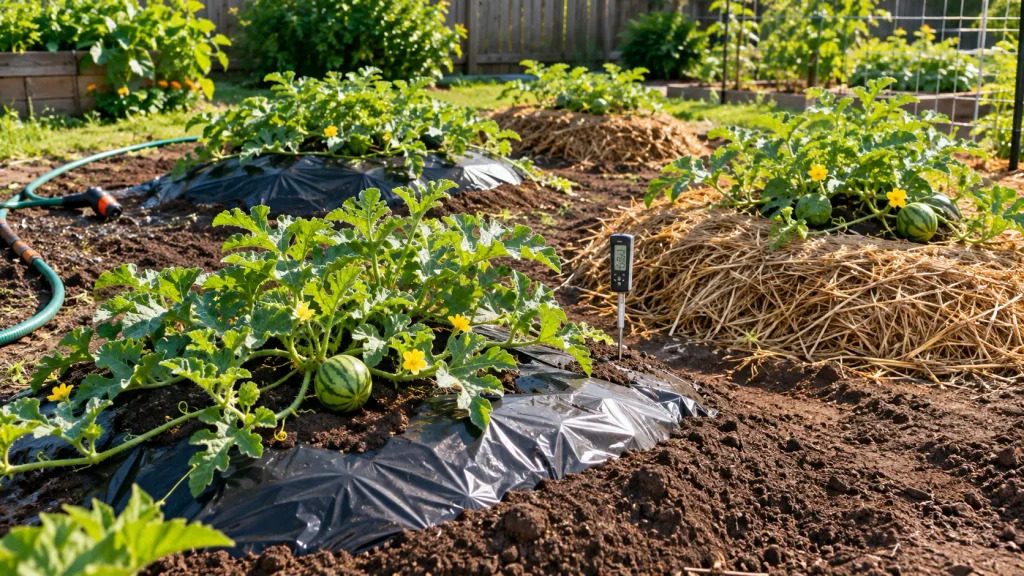 Watermelon plants growing on raised soil mounds with mulch