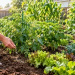 Gardener applying fertilizer to healthy vegetables in a backyard