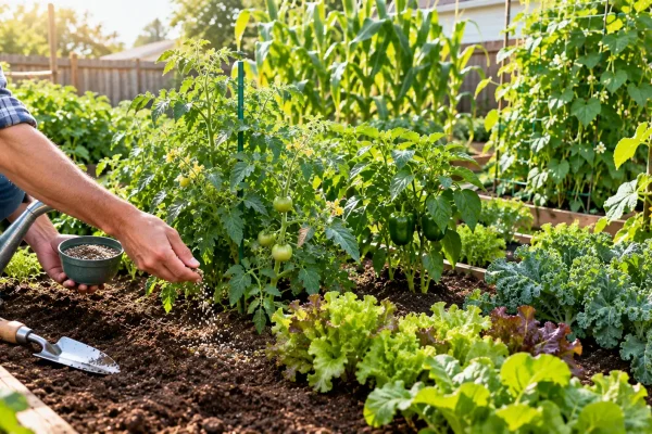 Gardener applying fertilizer to healthy vegetables in a backyard