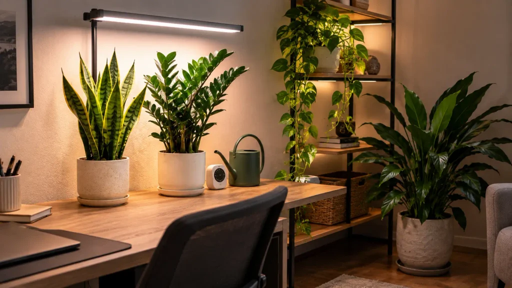 Snake plant and ZZ plant growing in a windowless room under an LED grow light